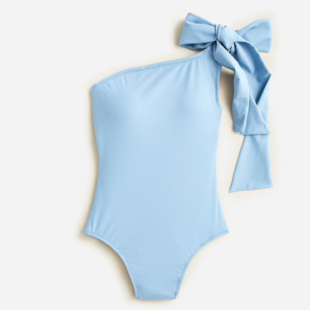 J Crew Bow one-shoulder one-piece Plus Size in Preppy Classic Nautical Blue Mist
